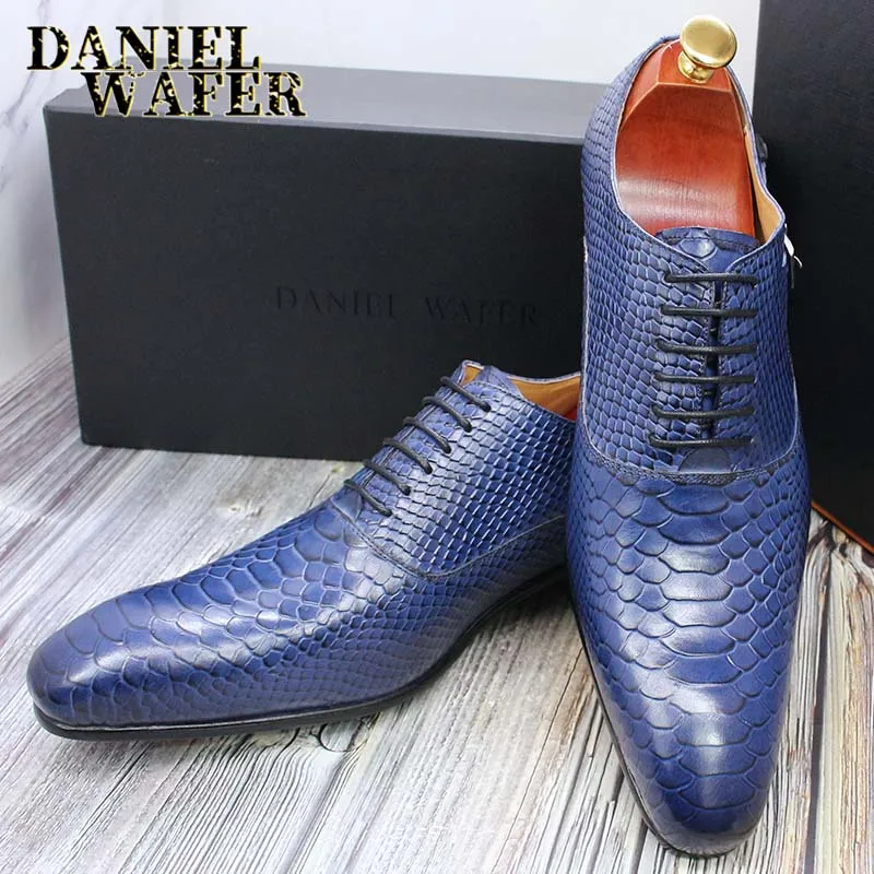 Men's Fashion Dress Leather Shoes Snake Skin Print Classic Lace-Up Oxford Formal in Wine Blue Coffee Black - Pointed Toe