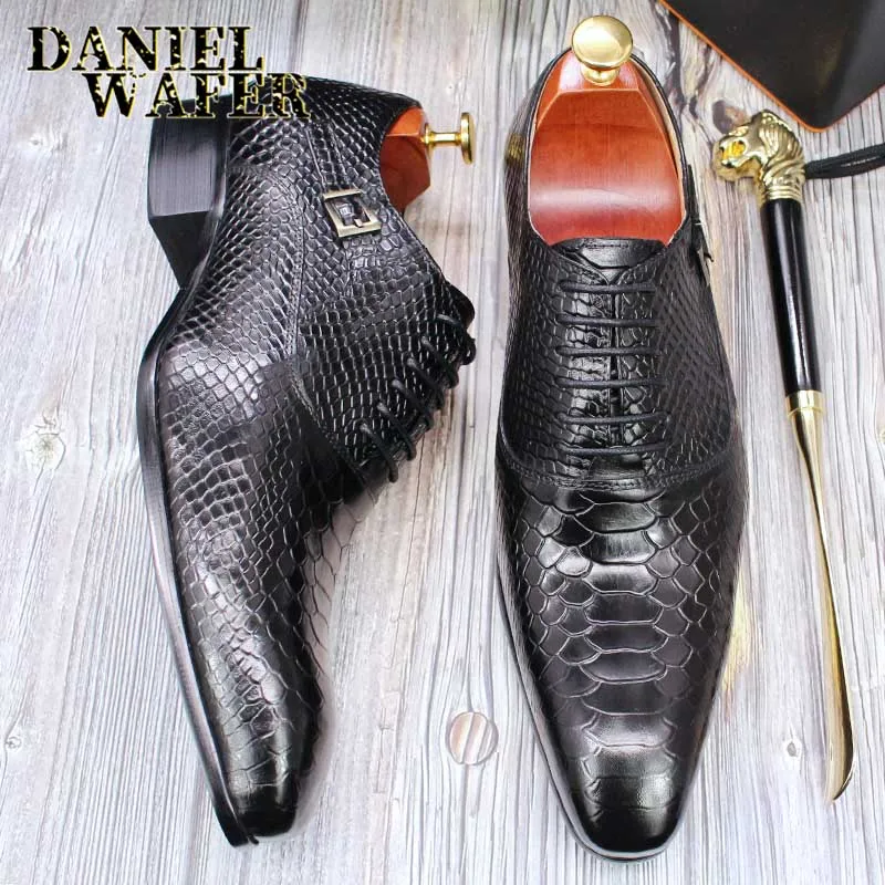 Men's Fashion Dress Leather Shoes Snake Skin Print Classic Lace-Up Oxford Formal in Wine Blue Coffee Black - Pointed Toe