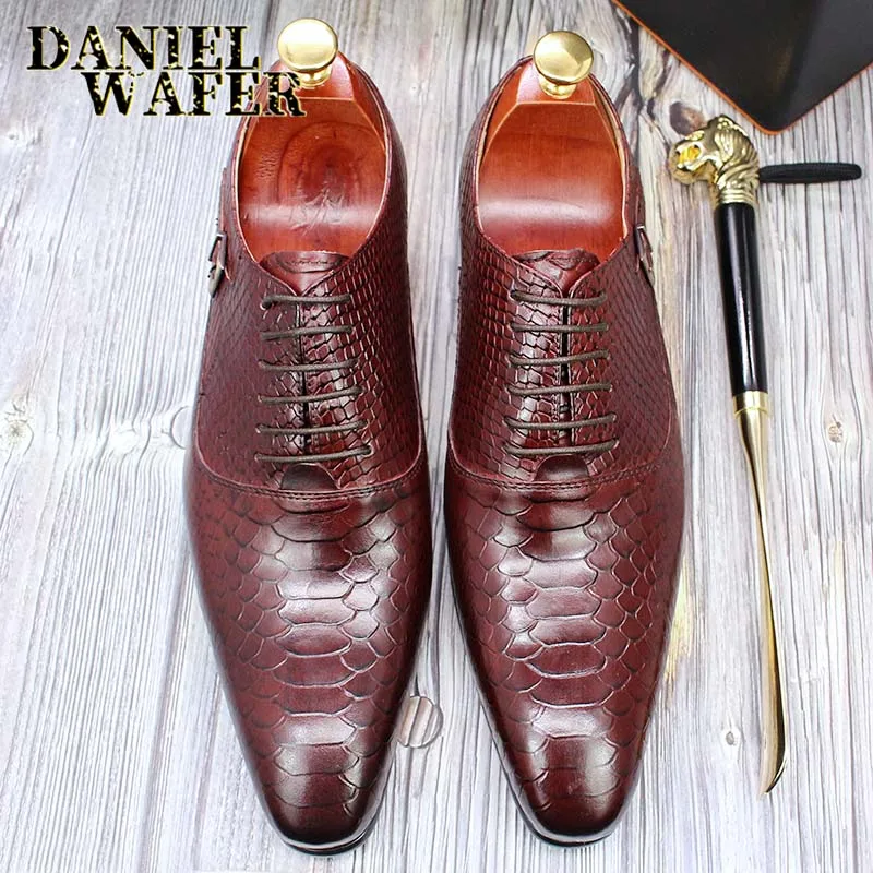 Men's Fashion Dress Leather Shoes Snake Skin Print Classic Lace-Up Oxford Formal in Wine Blue Coffee Black - Pointed Toe