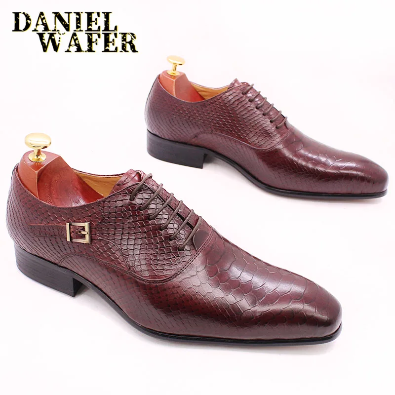 Men's Fashion Dress Leather Shoes Snake Skin Print Classic Lace-Up Oxford Formal in Wine Blue Coffee Black - Pointed Toe