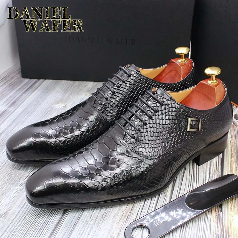 Men's Fashion Dress Leather Shoes Snake Skin Print Classic Lace-Up Oxford Formal in Wine Blue Coffee Black - Pointed Toe