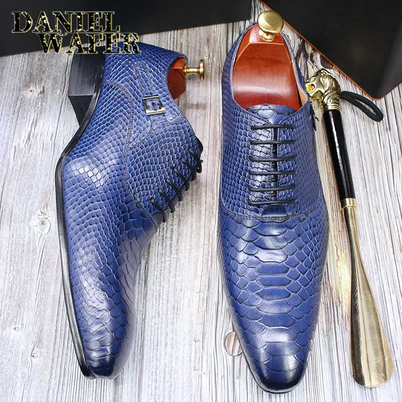 Men's Fashion Dress Leather Shoes Snake Skin Print Classic Lace-Up Oxford Formal in Wine Blue Coffee Black - Pointed Toe