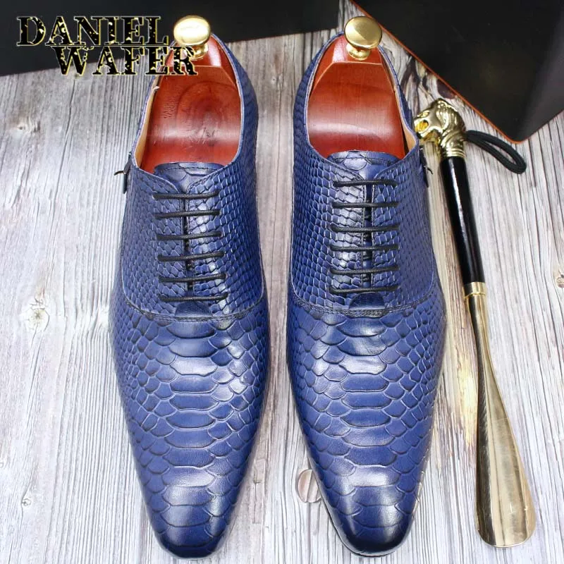 Men's Fashion Dress Leather Shoes Snake Skin Print Classic Lace-Up Oxford Formal in Wine Blue Coffee Black - Pointed Toe