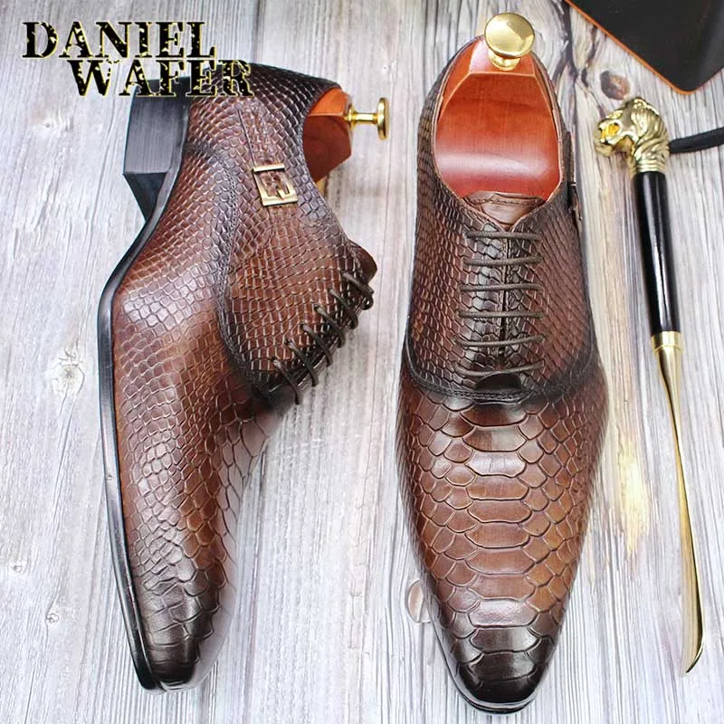 Men's Fashion Dress Leather Shoes Snake Skin Print Classic Lace-Up Oxford Formal in Wine Blue Coffee Black - Pointed Toe