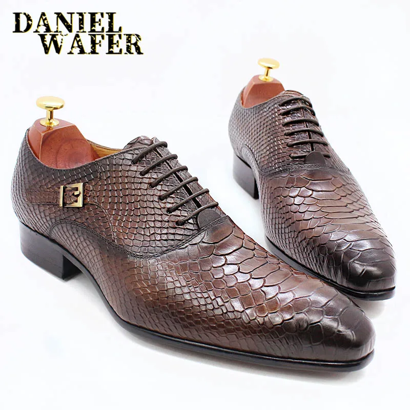 Men's Fashion Dress Leather Shoes Snake Skin Print Classic Lace-Up Oxford Formal in Wine Blue Coffee Black - Pointed Toe