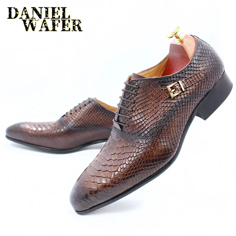 Men's Fashion Dress Leather Shoes Snake Skin Print Classic Lace-Up Oxford Formal in Wine Blue Coffee Black - Pointed Toe