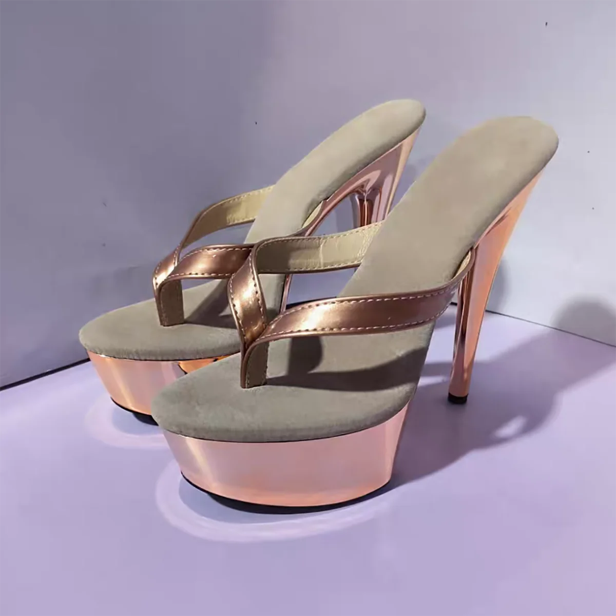 Summer Sexy 6 Inch High Heels Nightclub Stylish 15cm Stiletto Slippers Princess Beige Flip-Flops Work Shoes Real Photos Dress Ne