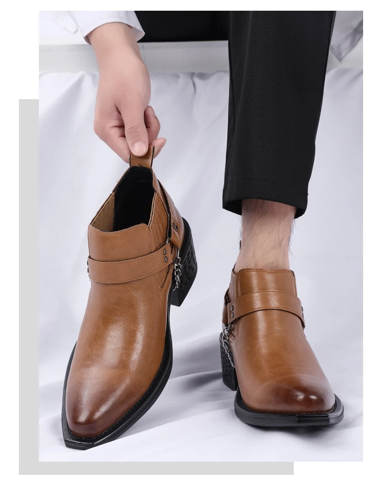 Men Genuine Leather High Heel Height Increase Formal Dress Boots Wedding Banquet Business Comfortable Elevator Cuban Heel Shoes