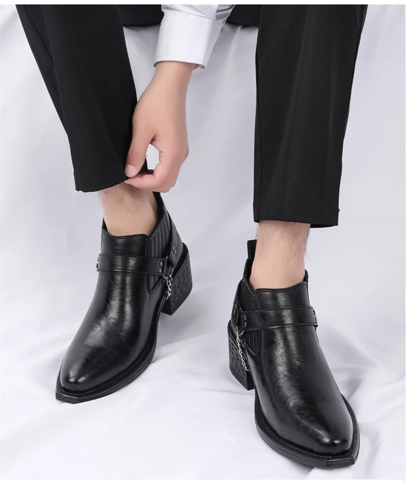 Men Genuine Leather High Heel Height Increase Formal Dress Boots Wedding Banquet Business Comfortable Elevator Cuban Heel Shoes