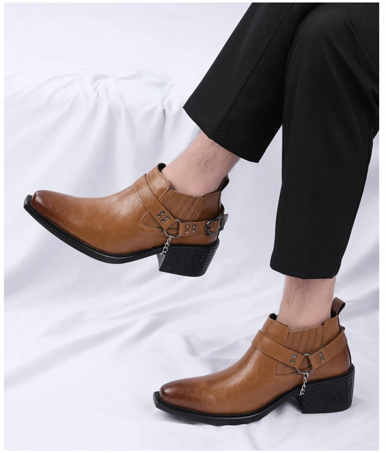 Men Genuine Leather High Heel Height Increase Formal Dress Boots Wedding Banquet Business Comfortable Elevator Cuban Heel Shoes