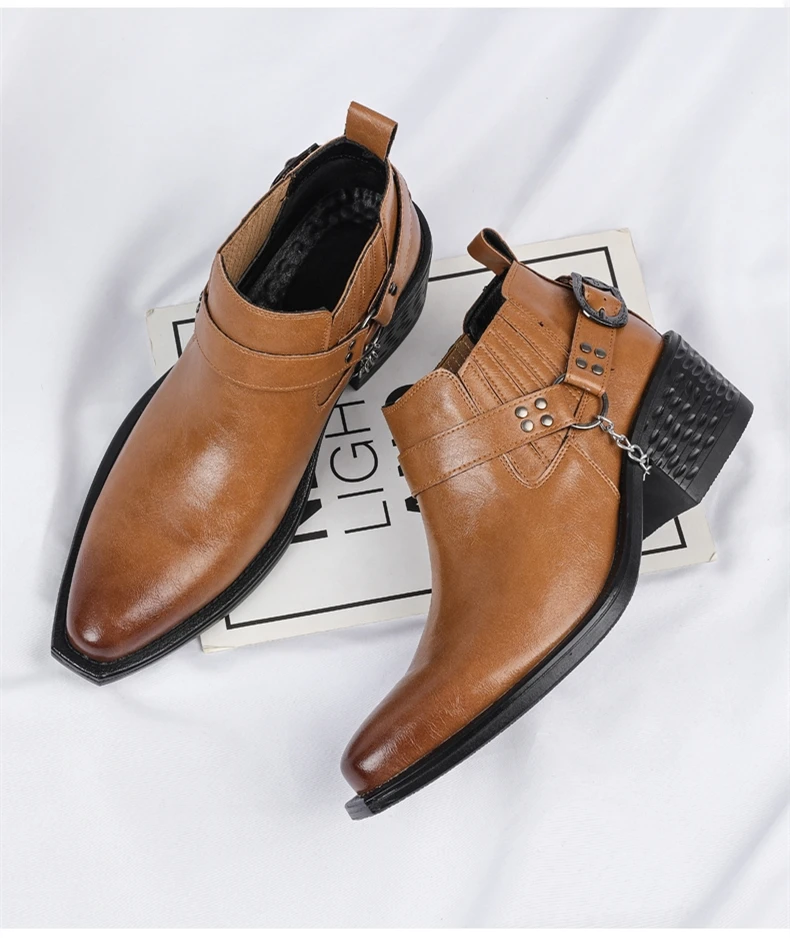 Men Genuine Leather High Heel Height Increase Formal Dress Boots Wedding Banquet Business Comfortable Elevator Cuban Heel Shoes