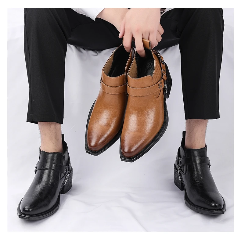 Men Genuine Leather High Heel Height Increase Formal Dress Boots Wedding Banquet Business Comfortable Elevator Cuban Heel Shoes