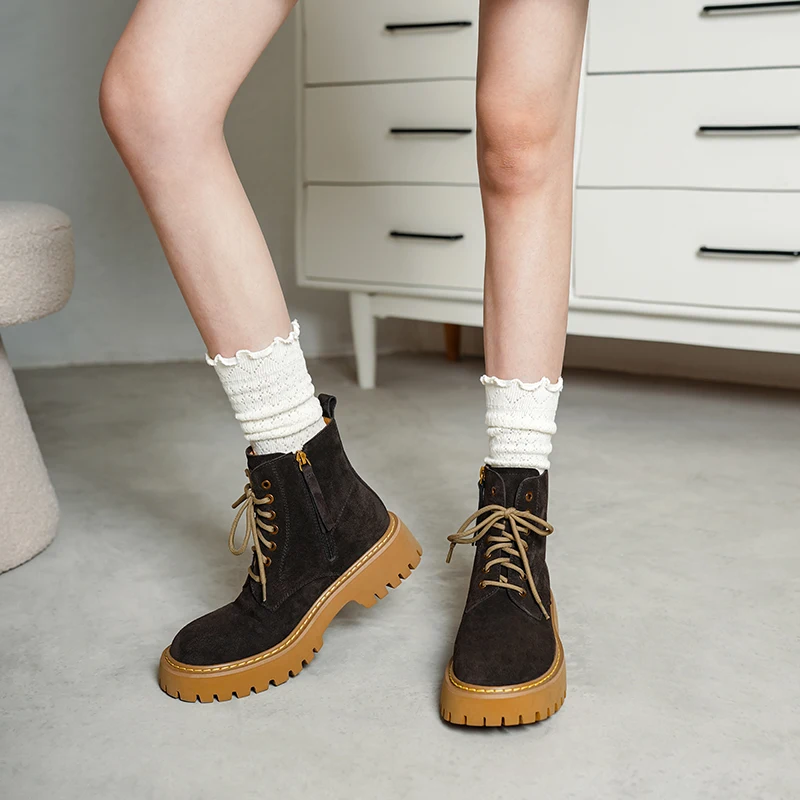 SmallHut Trend 2026 New Spring Autumn Cow Suede Women Ankle Boots Cross Strap Ladies Yellow Chocolate Round Toe Platform Boots