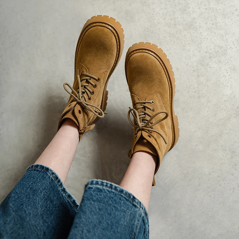 SmallHut Trend 2026 New Spring Autumn Cow Suede Women Ankle Boots Cross Strap Ladies Yellow Chocolate Round Toe Platform Boots