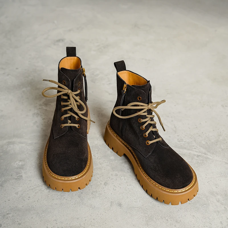 SmallHut Trend 2026 New Spring Autumn Cow Suede Women Ankle Boots Cross Strap Ladies Yellow Chocolate Round Toe Platform Boots