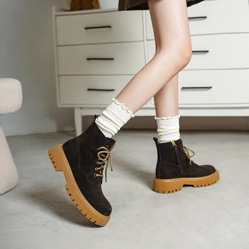 SmallHut Trend 2026 New Spring Autumn Cow Suede Women Ankle Boots Cross Strap Ladies Yellow Chocolate Round Toe Platform Boots