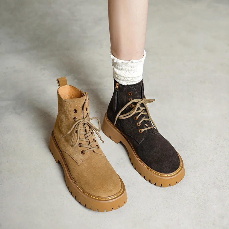 SmallHut Trend 2026 New Spring Autumn Cow Suede Women Ankle Boots Cross Strap Ladies Yellow Chocolate Round Toe Platform Boots