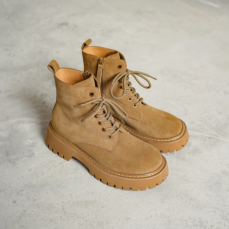 SmallHut Trend 2026 New Spring Autumn Cow Suede Women Ankle Boots Cross Strap Ladies Yellow Chocolate Round Toe Platform Boots