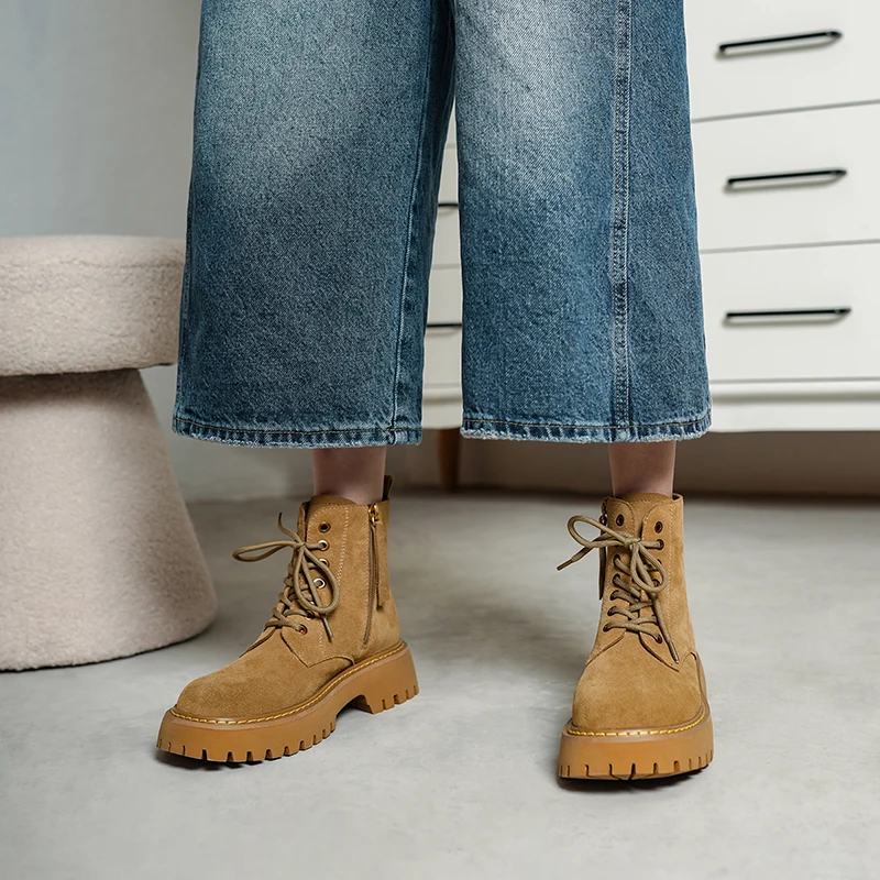 SmallHut Trend 2026 New Spring Autumn Cow Suede Women Ankle Boots Cross Strap Ladies Yellow Chocolate Round Toe Platform Boots