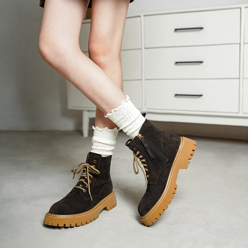 SmallHut Trend 2026 New Spring Autumn Cow Suede Women Ankle Boots Cross Strap Ladies Yellow Chocolate Round Toe Platform Boots