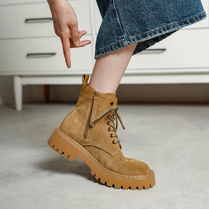 SmallHut Trend 2026 New Spring Autumn Cow Suede Women Ankle Boots Cross Strap Ladies Yellow Chocolate Round Toe Platform Boots