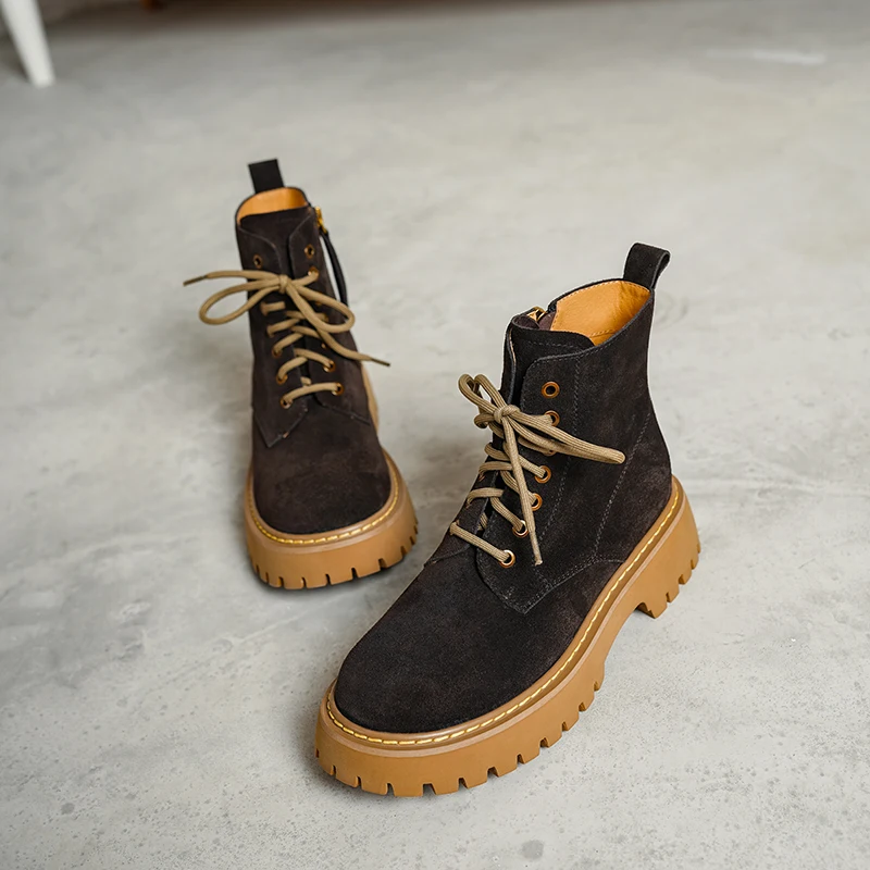 SmallHut Trend 2026 New Spring Autumn Cow Suede Women Ankle Boots Cross Strap Ladies Yellow Chocolate Round Toe Platform Boots