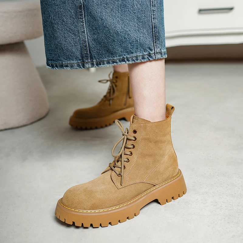 SmallHut Trend 2026 New Spring Autumn Cow Suede Women Ankle Boots Cross Strap Ladies Yellow Chocolate Round Toe Platform Boots