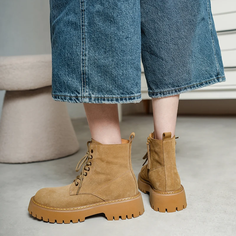 SmallHut Trend 2026 New Spring Autumn Cow Suede Women Ankle Boots Cross Strap Ladies Yellow Chocolate Round Toe Platform Boots