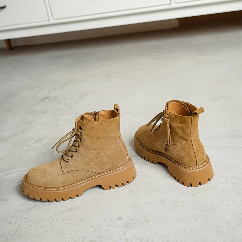 SmallHut Trend 2026 New Spring Autumn Cow Suede Women Ankle Boots Cross Strap Ladies Yellow Chocolate Round Toe Platform Boots