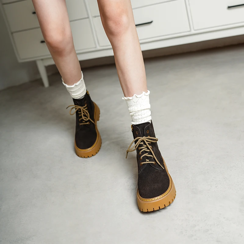 SmallHut Trend 2026 New Spring Autumn Cow Suede Women Ankle Boots Cross Strap Ladies Yellow Chocolate Round Toe Platform Boots