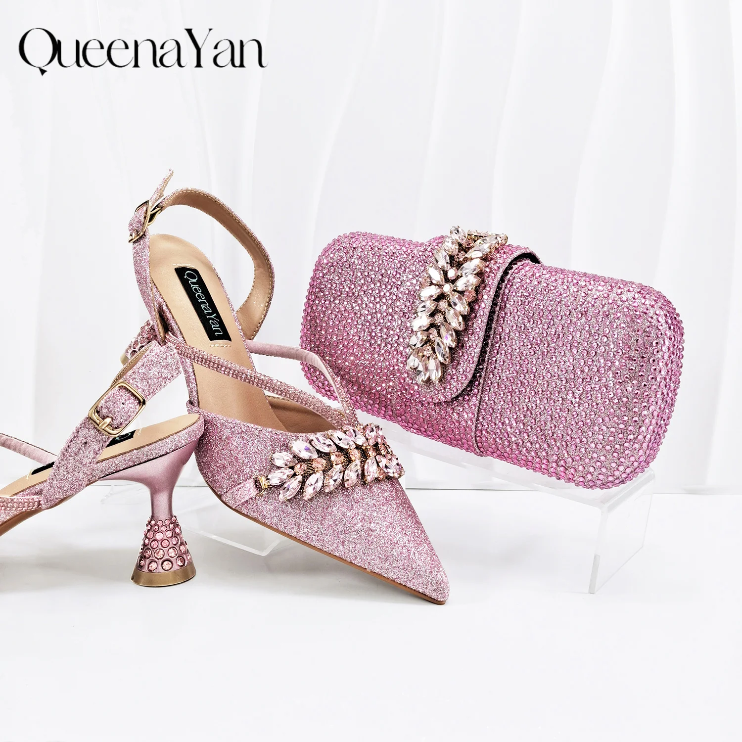 Queena Yan New Arrival Fashionable Olive Color Diamond Decorative Party Wedding Pointed Toe Women's High Heels and Bag Set