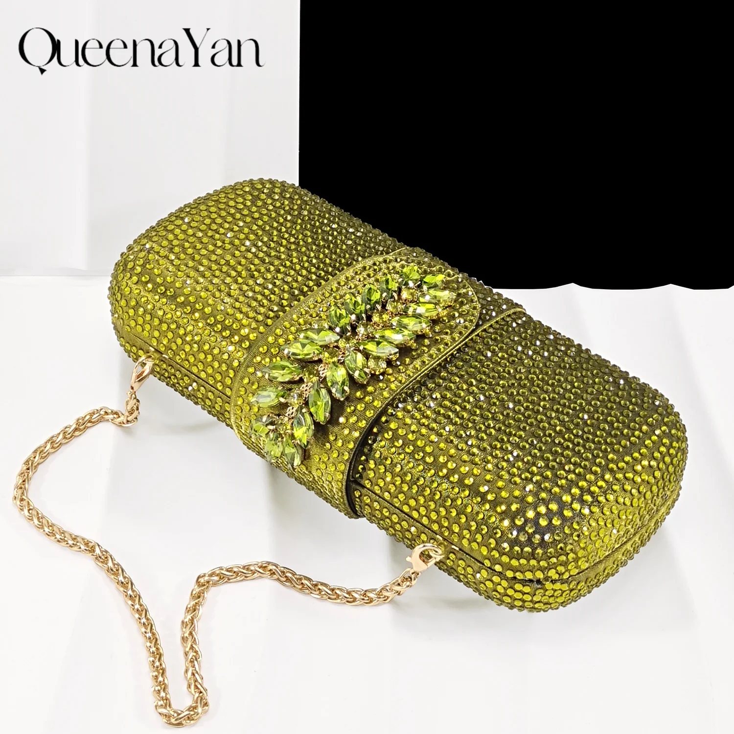 Queena Yan New Arrival Fashionable Olive Color Diamond Decorative Party Wedding Pointed Toe Women's High Heels and Bag Set