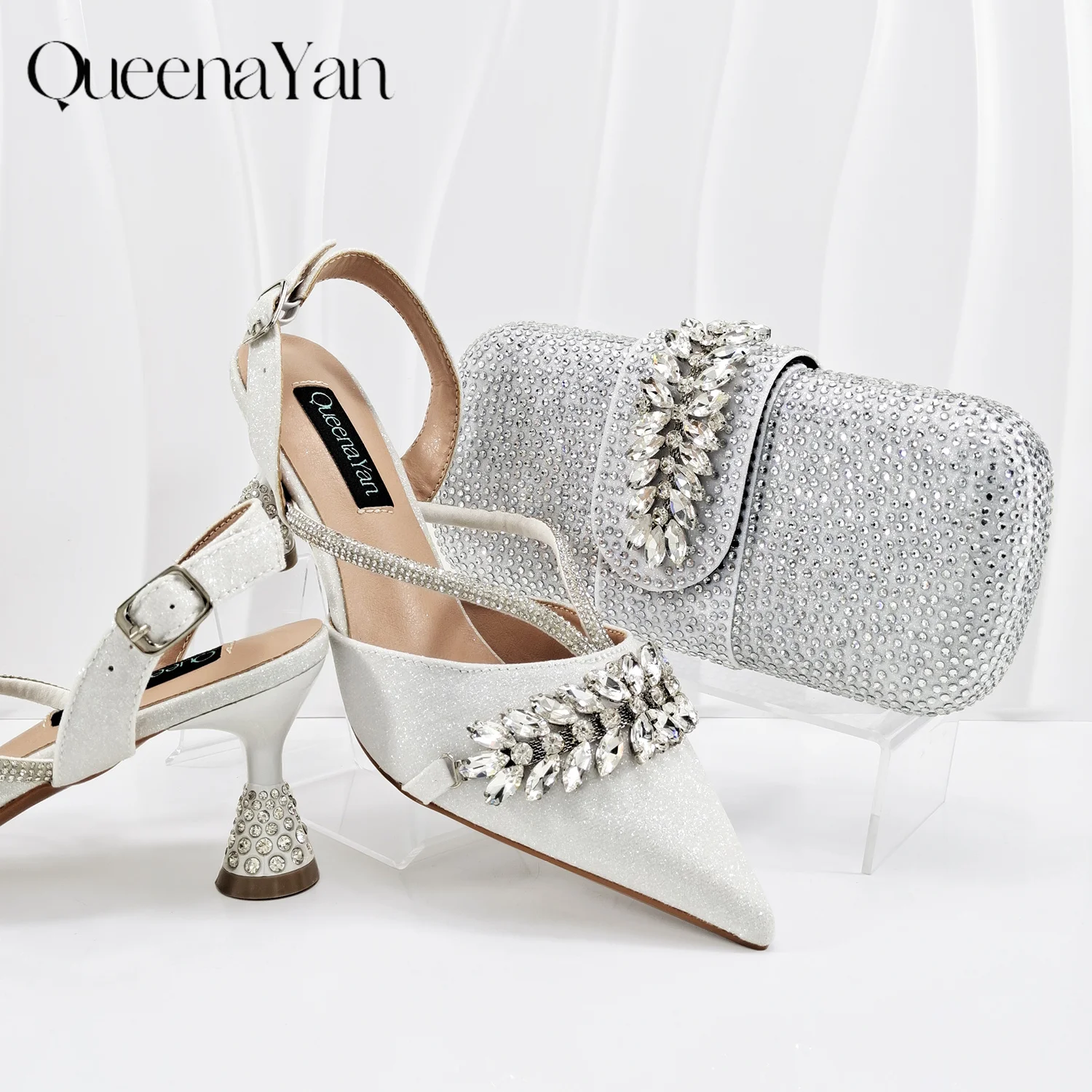 Queena Yan New Arrival Fashionable Olive Color Diamond Decorative Party Wedding Pointed Toe Women's High Heels and Bag Set