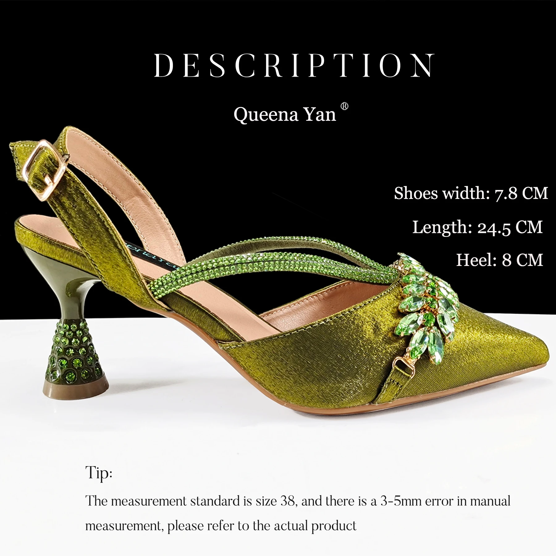 Queena Yan New Arrival Fashionable Olive Color Diamond Decorative Party Wedding Pointed Toe Women's High Heels and Bag Set