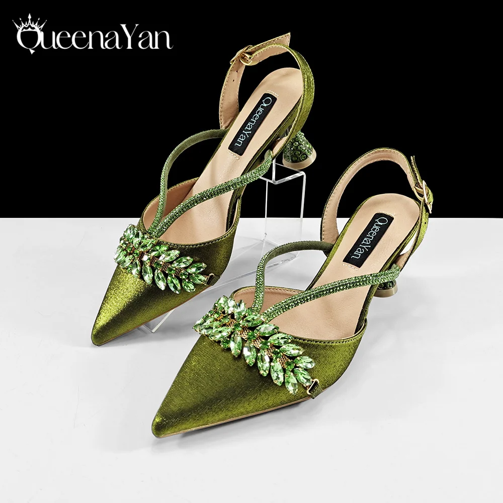 Queena Yan New Arrival Fashionable Olive Color Diamond Decorative Party Wedding Pointed Toe Women's High Heels and Bag Set