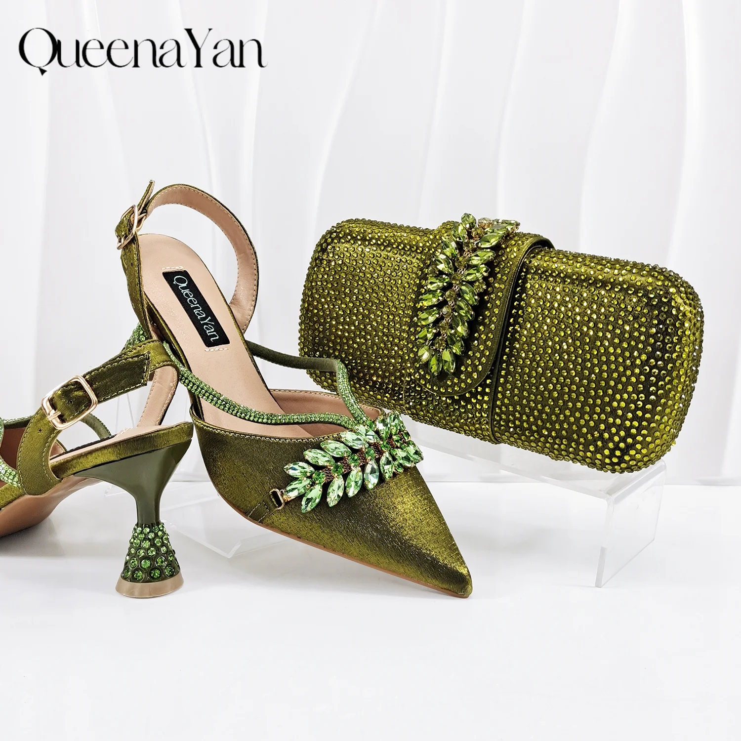Queena Yan New Arrival Fashionable Olive Color Diamond Decorative Party Wedding Pointed Toe Women's High Heels and Bag Set