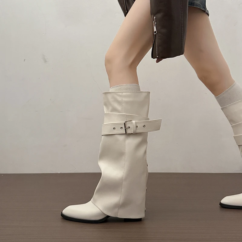New Women Wrinkle Fold Knee High Boots Metal Buckle Strap Thick Heel Soft PU Leather Boots Autumn Streetwear Mordern Booties