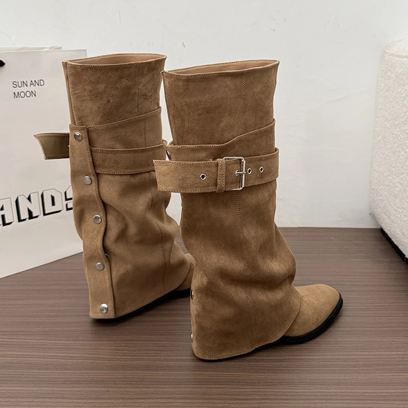 New Women Wrinkle Fold Knee High Boots Metal Buckle Strap Thick Heel Soft PU Leather Boots Autumn Streetwear Mordern Booties