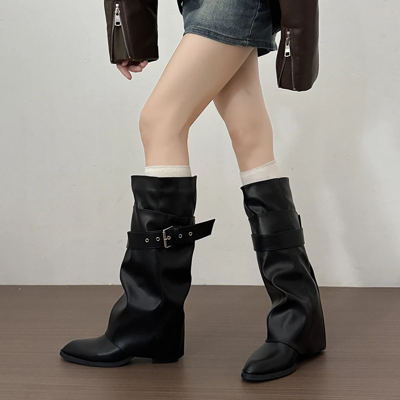 New Women Wrinkle Fold Knee High Boots Metal Buckle Strap Thick Heel Soft PU Leather Boots Autumn Streetwear Mordern Booties