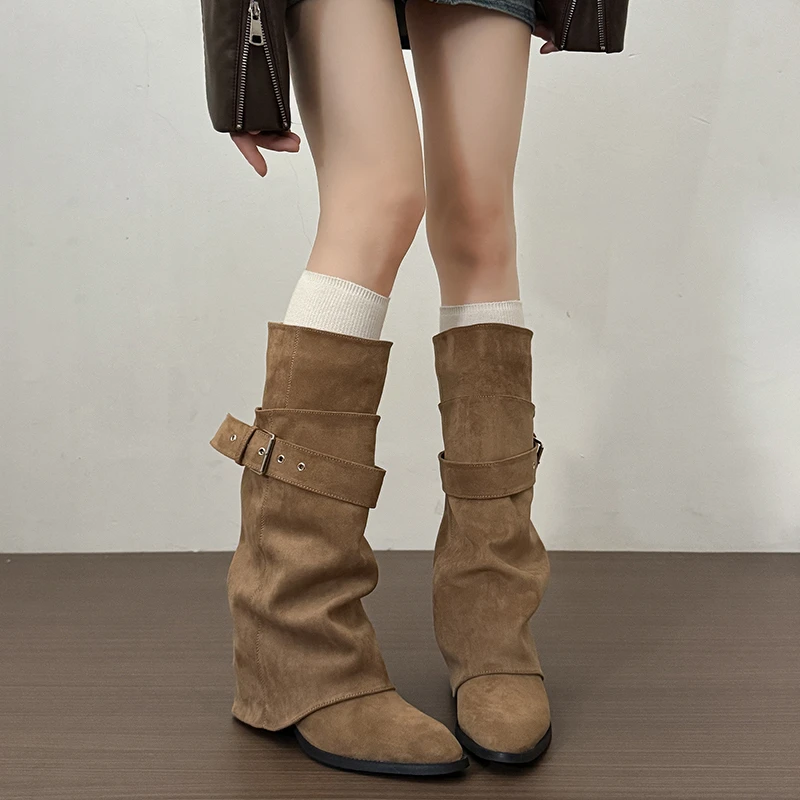 New Women Wrinkle Fold Knee High Boots Metal Buckle Strap Thick Heel Soft PU Leather Boots Autumn Streetwear Mordern Booties