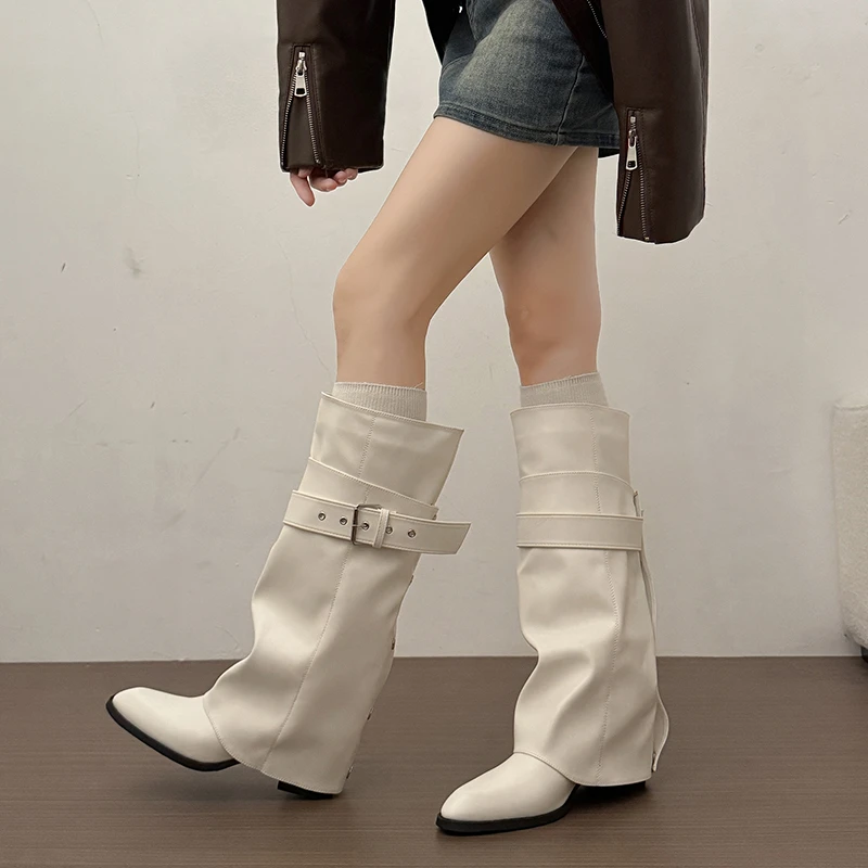 New Women Wrinkle Fold Knee High Boots Metal Buckle Strap Thick Heel Soft PU Leather Boots Autumn Streetwear Mordern Booties