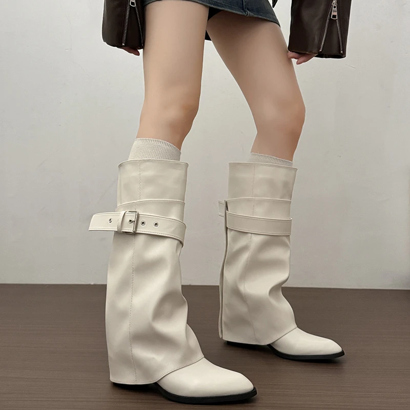 New Women Wrinkle Fold Knee High Boots Metal Buckle Strap Thick Heel Soft PU Leather Boots Autumn Streetwear Mordern Booties