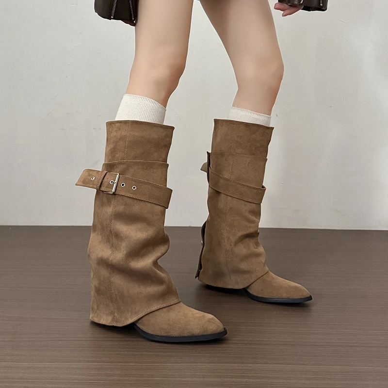 New Women Wrinkle Fold Knee High Boots Metal Buckle Strap Thick Heel Soft PU Leather Boots Autumn Streetwear Mordern Booties