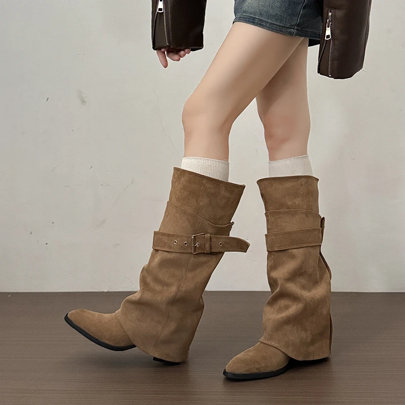 New Women Wrinkle Fold Knee High Boots Metal Buckle Strap Thick Heel Soft PU Leather Boots Autumn Streetwear Mordern Booties