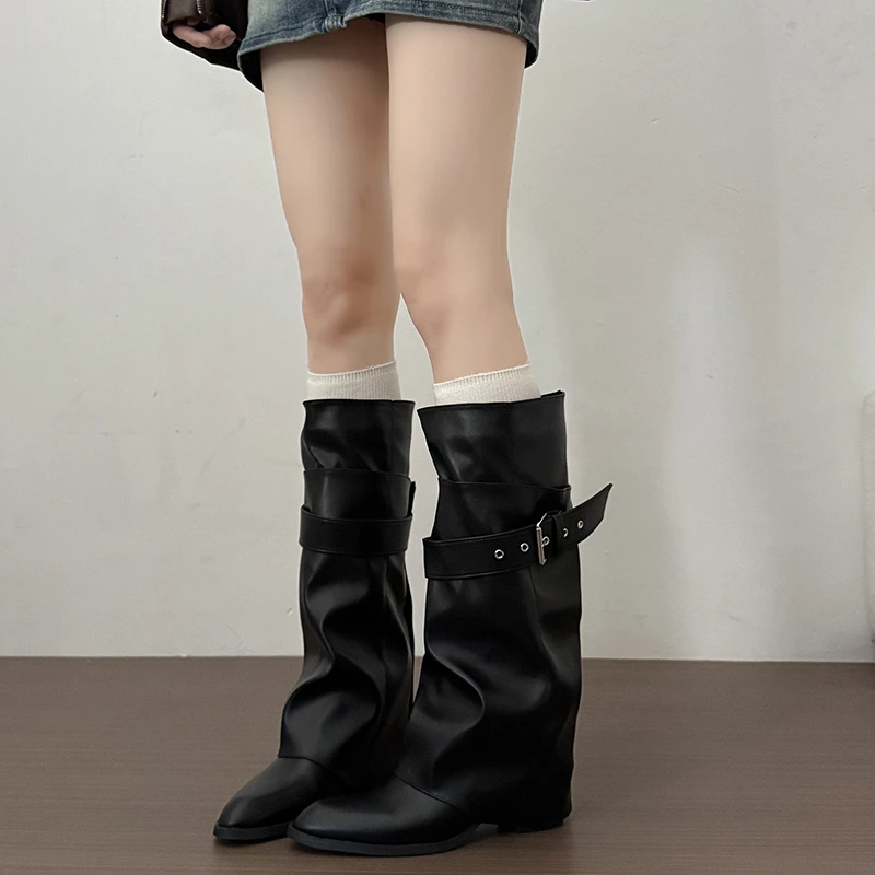 New Women Wrinkle Fold Knee High Boots Metal Buckle Strap Thick Heel Soft PU Leather Boots Autumn Streetwear Mordern Booties