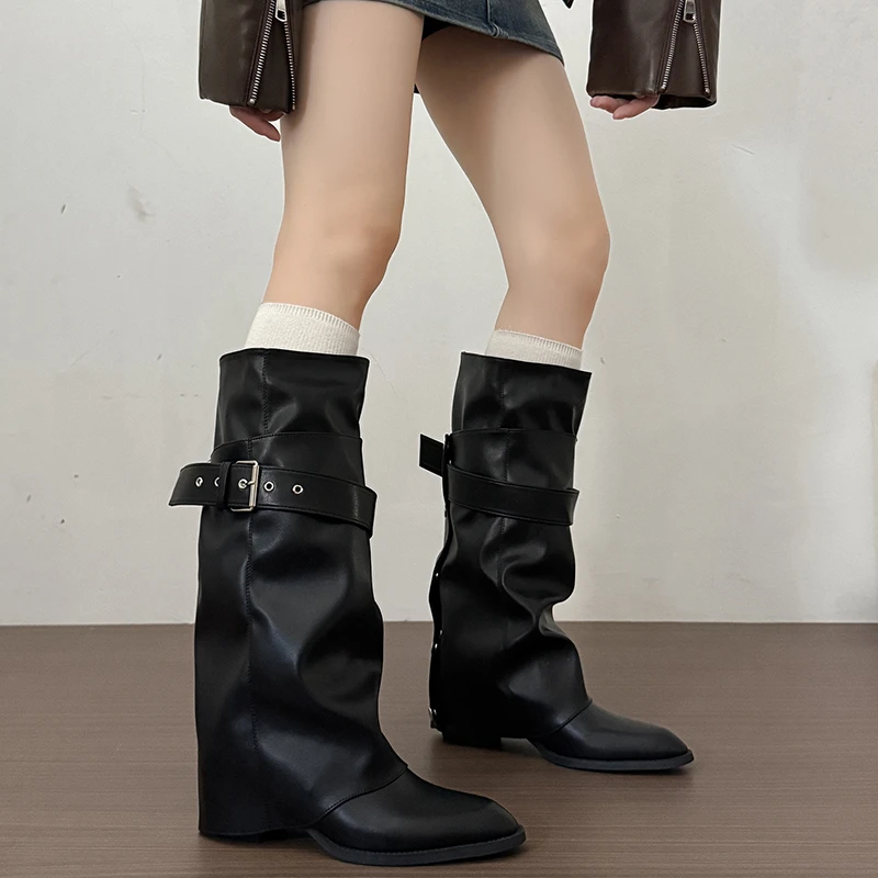 New Women Wrinkle Fold Knee High Boots Metal Buckle Strap Thick Heel Soft PU Leather Boots Autumn Streetwear Mordern Booties