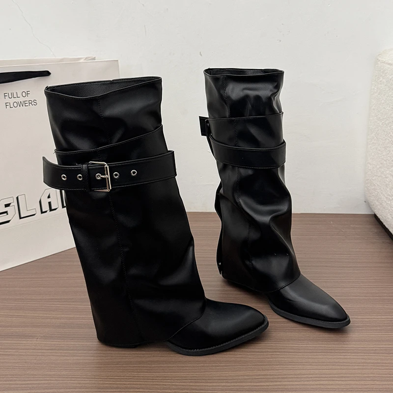 New Women Wrinkle Fold Knee High Boots Metal Buckle Strap Thick Heel Soft PU Leather Boots Autumn Streetwear Mordern Booties