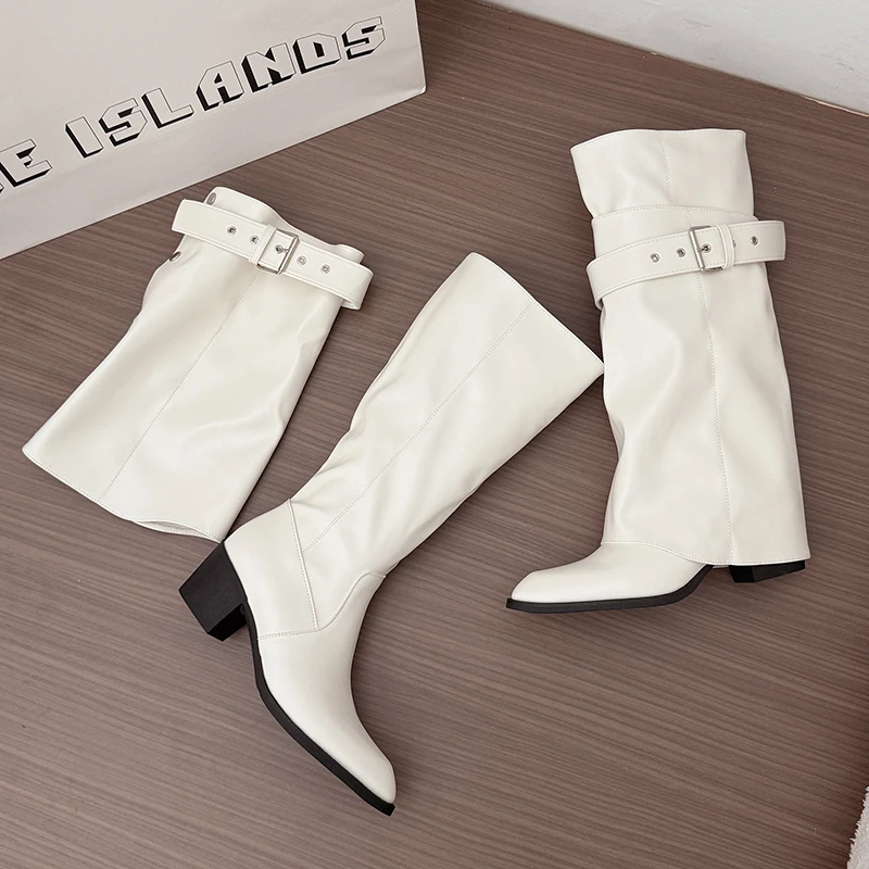 New Women Wrinkle Fold Knee High Boots Metal Buckle Strap Thick Heel Soft PU Leather Boots Autumn Streetwear Mordern Booties