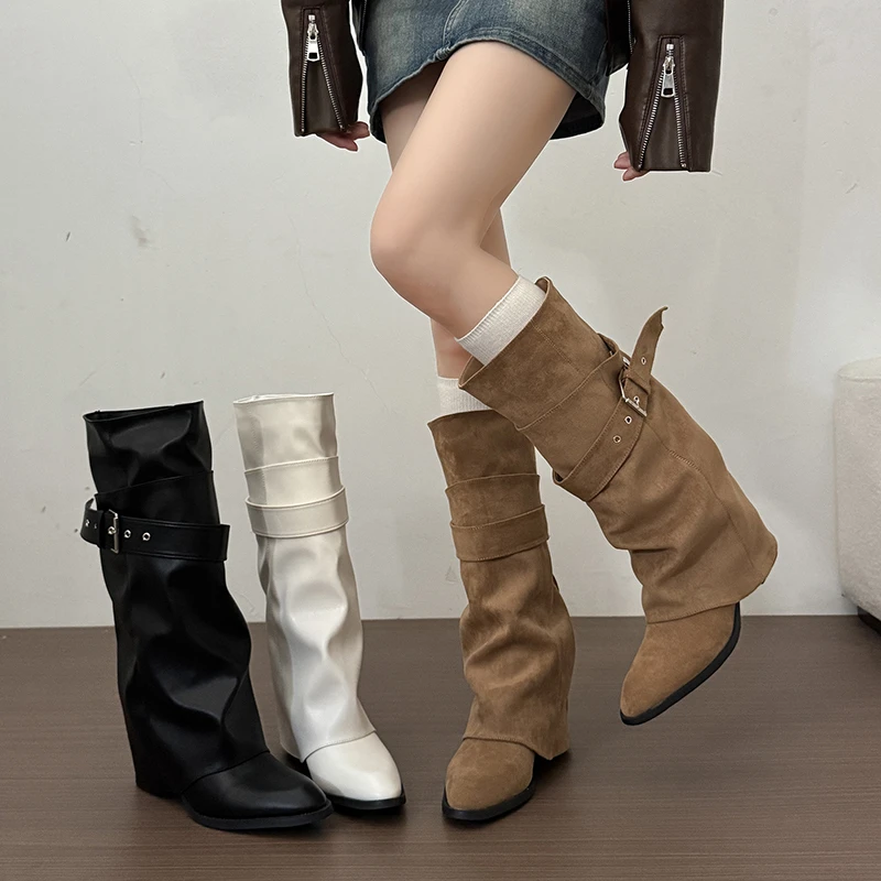 New Women Wrinkle Fold Knee High Boots Metal Buckle Strap Thick Heel Soft PU Leather Boots Autumn Streetwear Mordern Booties