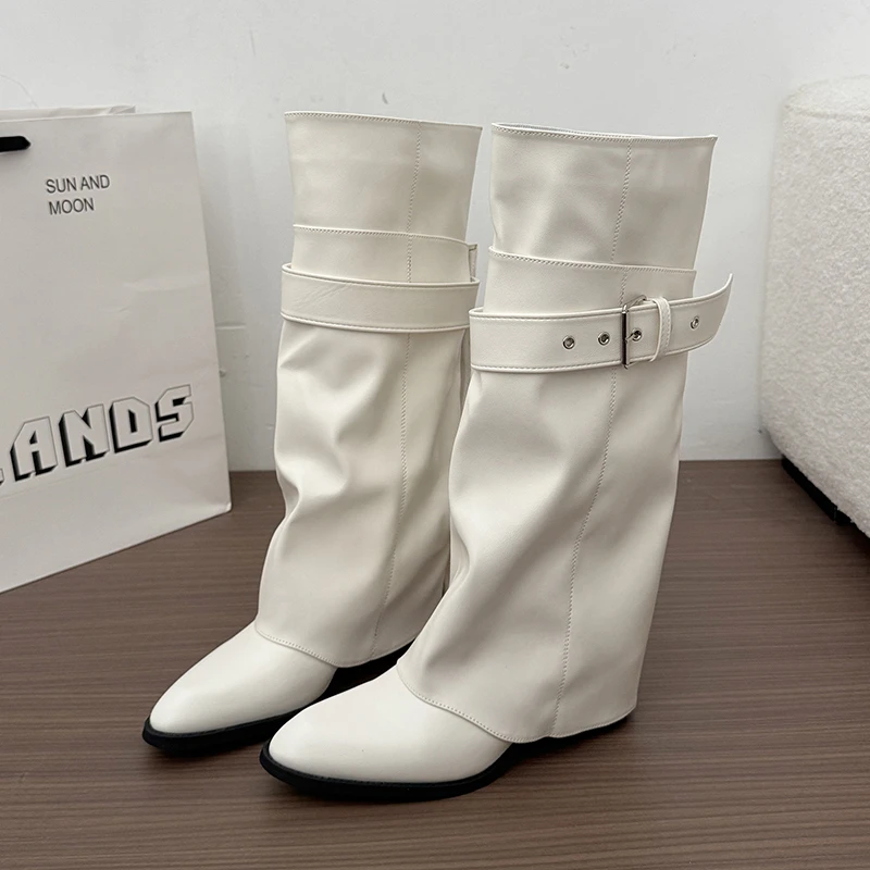 New Women Wrinkle Fold Knee High Boots Metal Buckle Strap Thick Heel Soft PU Leather Boots Autumn Streetwear Mordern Booties